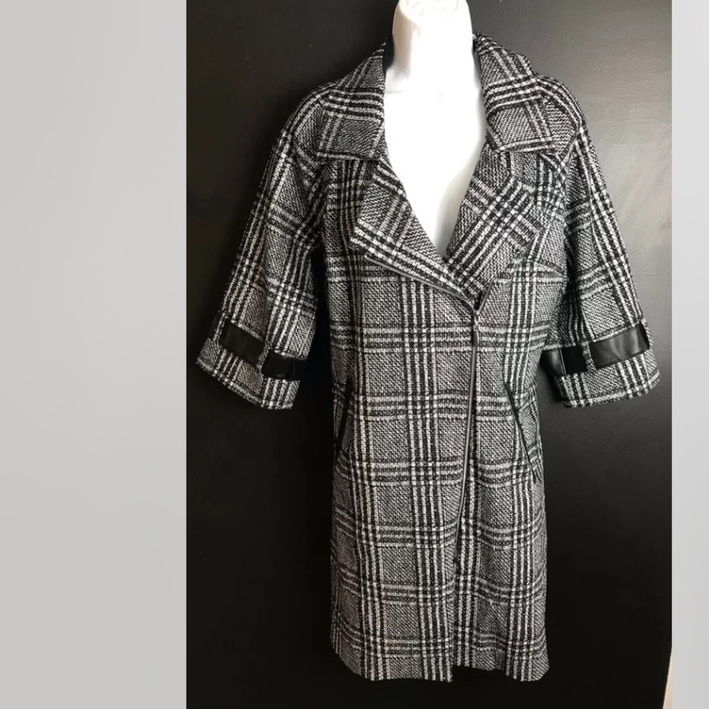 New JOSEPH RIBKOFF Glen Plaid Jacket Coat Black Silver Asymmetrical Zipper
